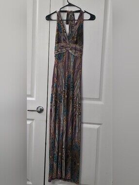 TALL 62" Vintage Paisley Halter Maxi Dress | Bronze O-Ring | S